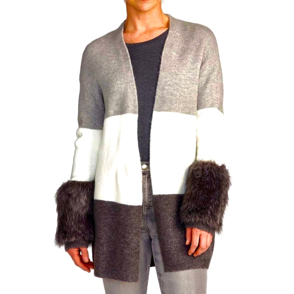 Black Tape Faux Fur Sleeve Color Block Cardigan Size Small